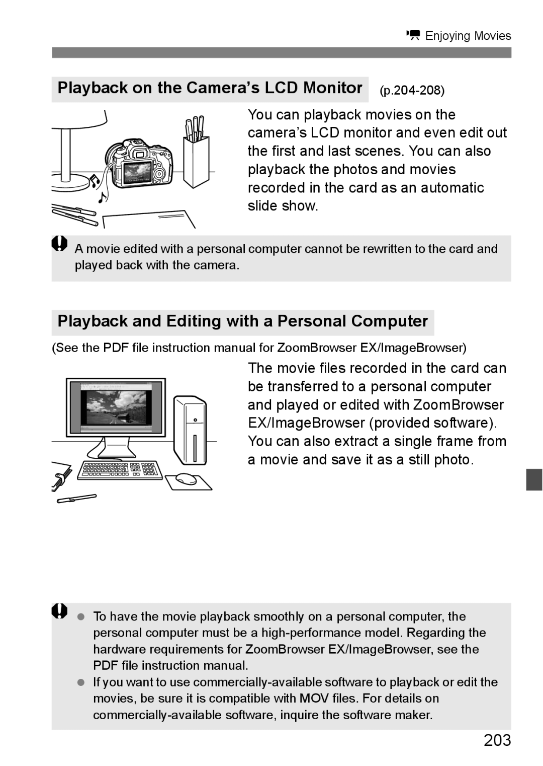 Canon 60D Playback on the Camera’s LCD Monitorp.204-208, Playback and Editing with a Personal Computer, 203 