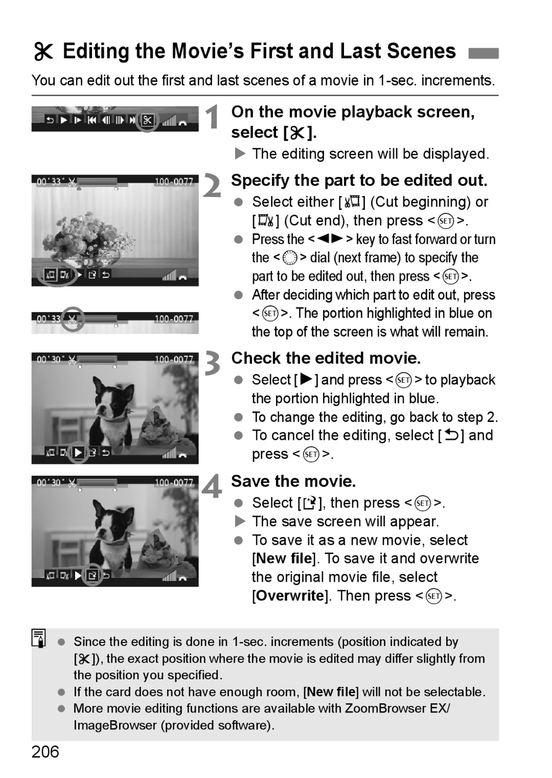 Canon 60D XEditing the Movie’s First and Last Scenes, On the movie playback screen, select, Check the edited movie, 206 