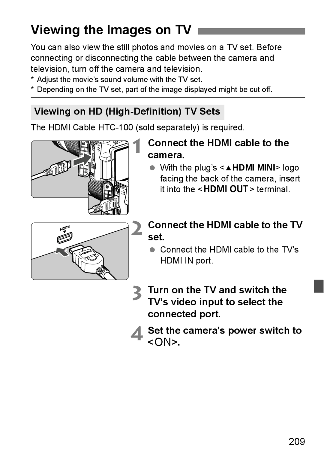 Canon 60D Viewing the Images on TV, Viewing on HD High-Definition TV Sets, Connectset. the Hdmi cable to the TV, 209 