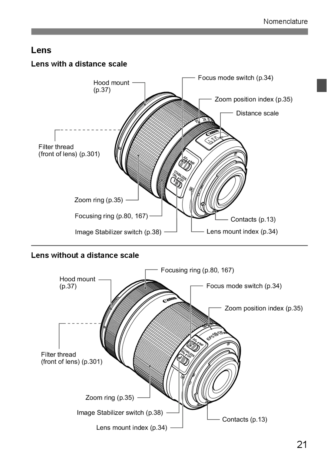 Canon 60D instruction manual Lens with a distance scale, Lens without a distance scale 