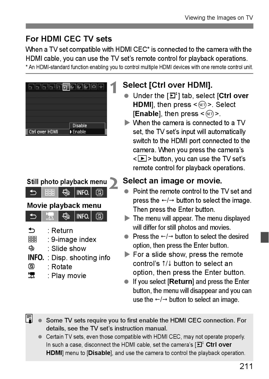 Canon 60D For Hdmi CEC TV sets, Select Ctrl over Hdmi, 211, Movie playback menu, Still photo playback menu 