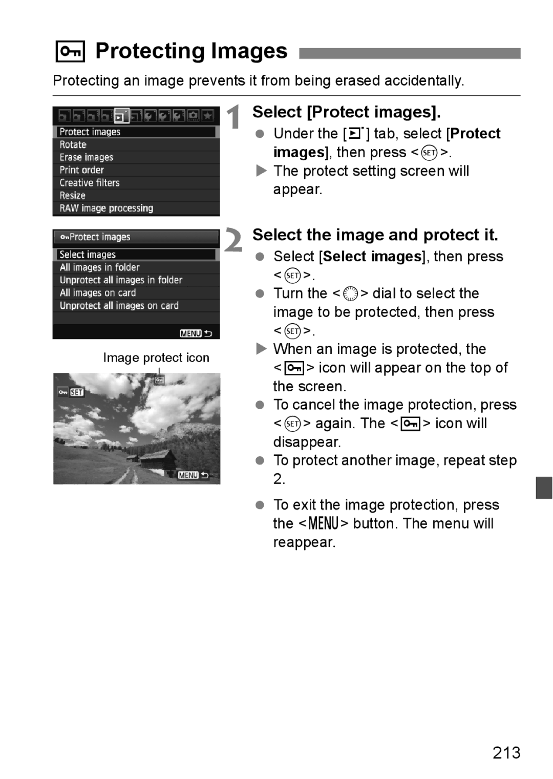 Canon 60D instruction manual KProtecting Images, Select Protect images, Select the image and protect it, 213 