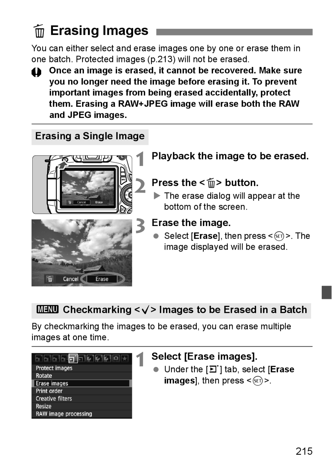 Canon 60D LErasing Images, Erase the image, 3Checkmarking X Images to be Erased in a Batch, Select Erase images, 215 