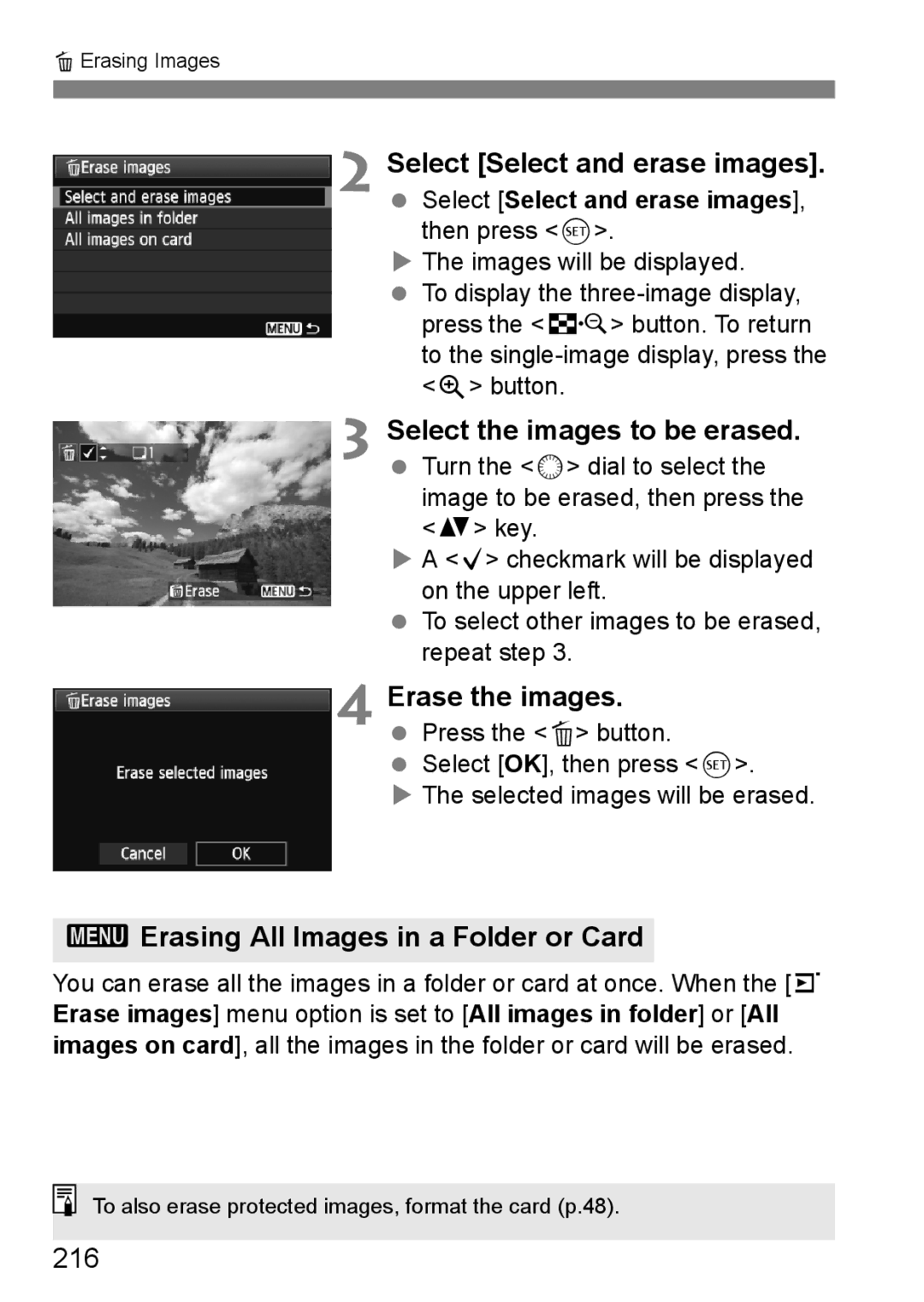 Canon 60D instruction manual 3Erasing All Images in a Folder or Card, 216 