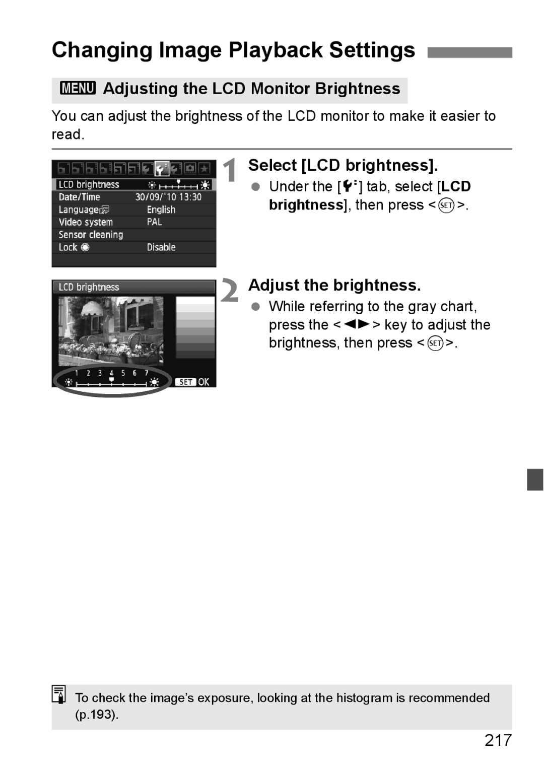 Canon 60D Changing Image Playback Settings, 3Adjusting the LCD Monitor Brightness, Select LCD brightness, 217 