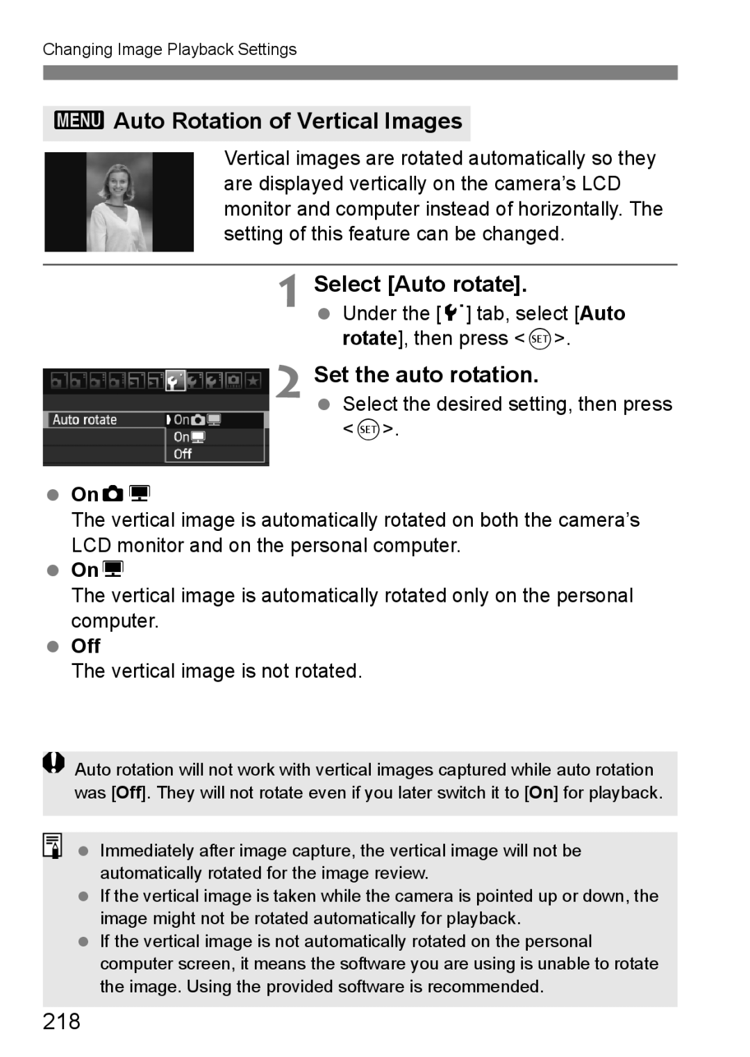 Canon 60D instruction manual 3Auto Rotation of Vertical Images, Select Auto rotate, Set the auto rotation, 218 