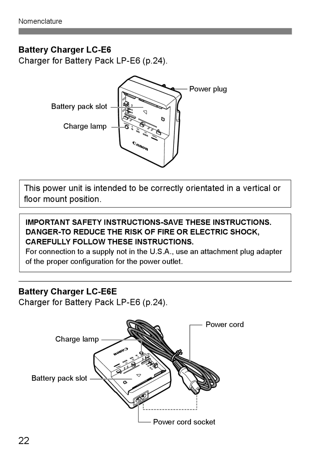 Canon 60D instruction manual Charger for Battery Pack LP-E6 p.24, Battery Charger LC-E6E 