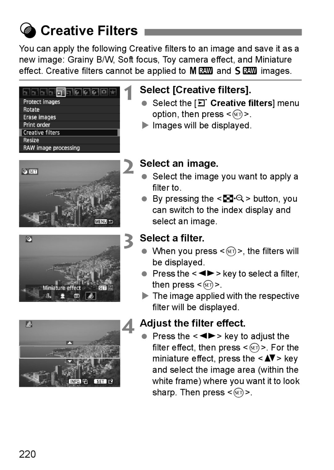 Canon 60D Creative Filters, Select Creative filters, Select an image, Select a filter, Adjust the filter effect 