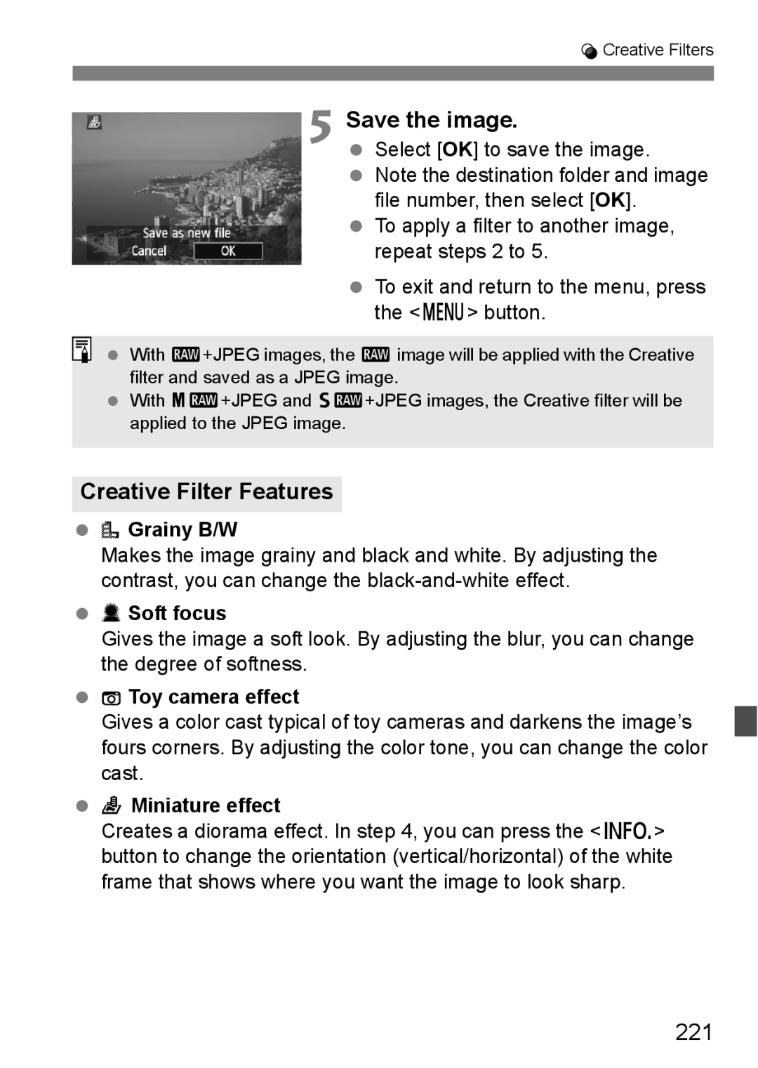 Canon 60D instruction manual Save the image, Creative Filter Features, 221 