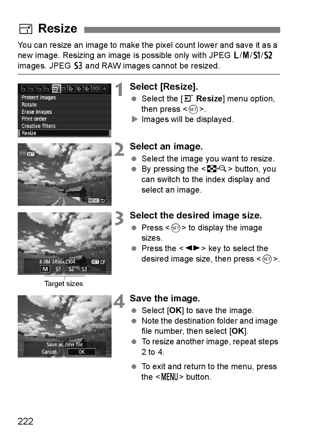 Canon 60D instruction manual Select Resize, 222 