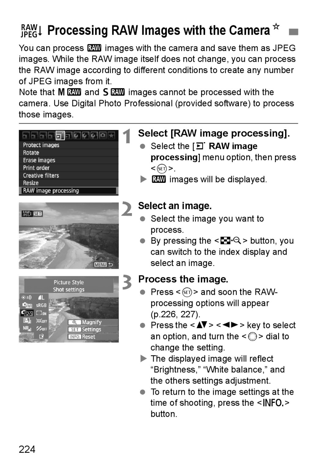 Canon 60D instruction manual RProcessing RAW Images with the CameraN, Process the image, 224 