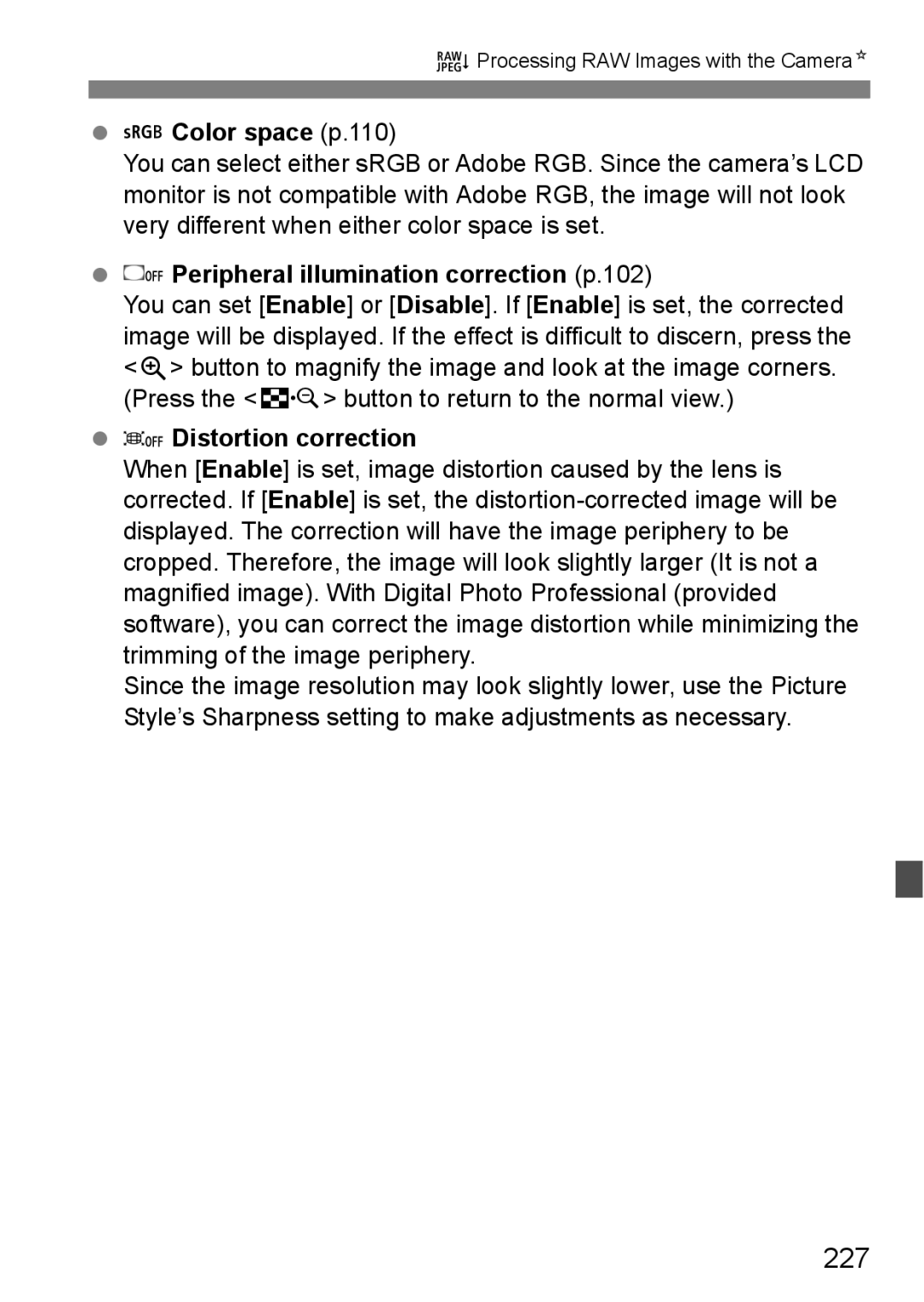 Canon 60D instruction manual 227, Color space p.110, Peripheral illumination correction p.102, Distortion correction 