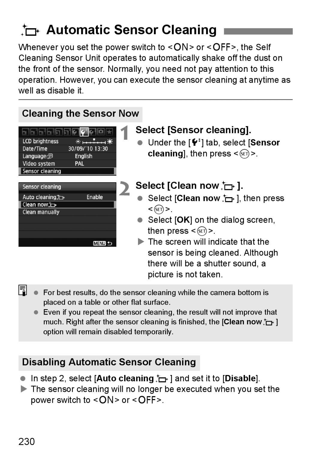 Canon 60D FAutomatic Sensor Cleaning, Cleaning the Sensor Now, Select Clean nowf, Disabling Automatic Sensor Cleaning, 230 