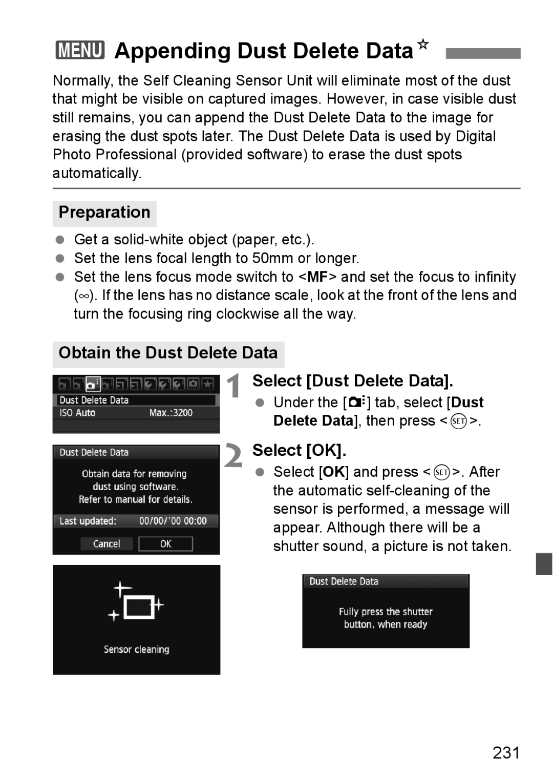 Canon 60D instruction manual 3Appending Dust Delete DataN, Preparation, Obtain the Dust Delete Data, 231 