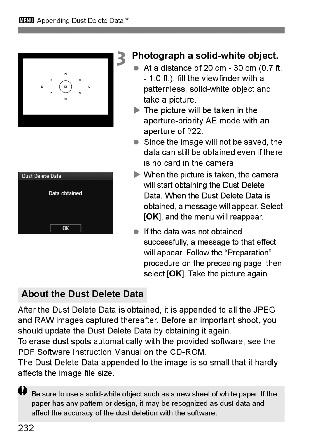 Canon 60D instruction manual About the Dust Delete Data, 232 