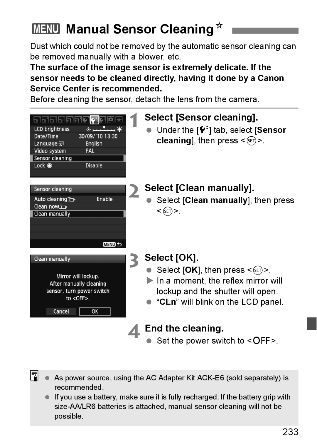 Canon 60D instruction manual 3Manual Sensor CleaningN, Select Sensor cleaning, Select Clean manually, End the cleaning, 233 