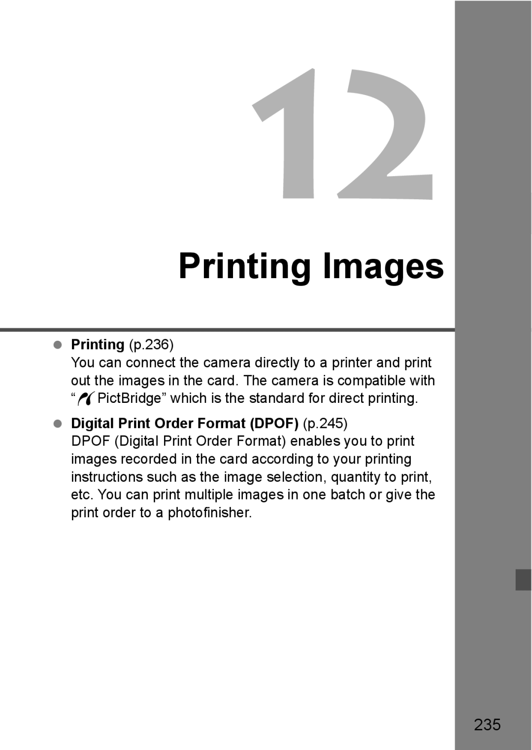 Canon 60D instruction manual 235, Printing p.236, Digital Print Order Format Dpof p.245 