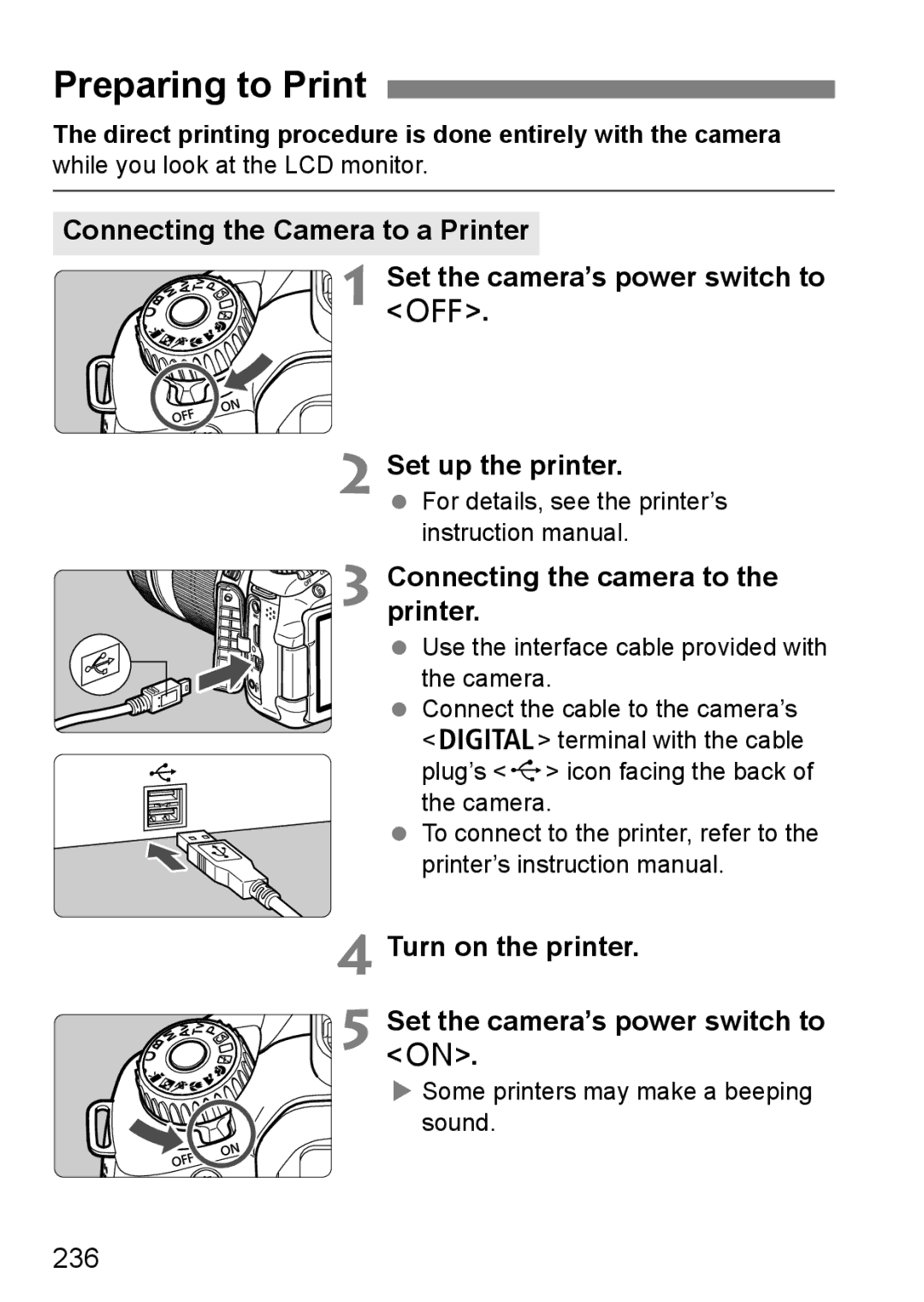 Canon 60D instruction manual Preparing to Print, Turn on the printer Set the camera’s power switch to, 236 