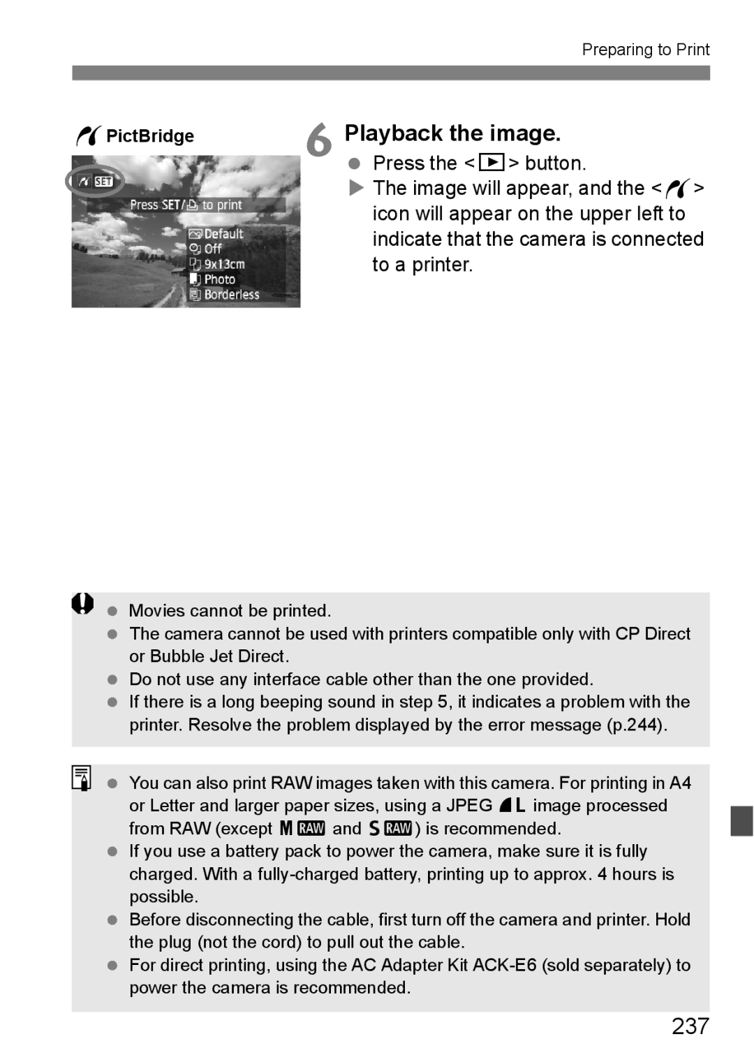 Canon 60D instruction manual 237, Press the x button, Icon will appear on the upper left to, To a printer, WPictBridge 