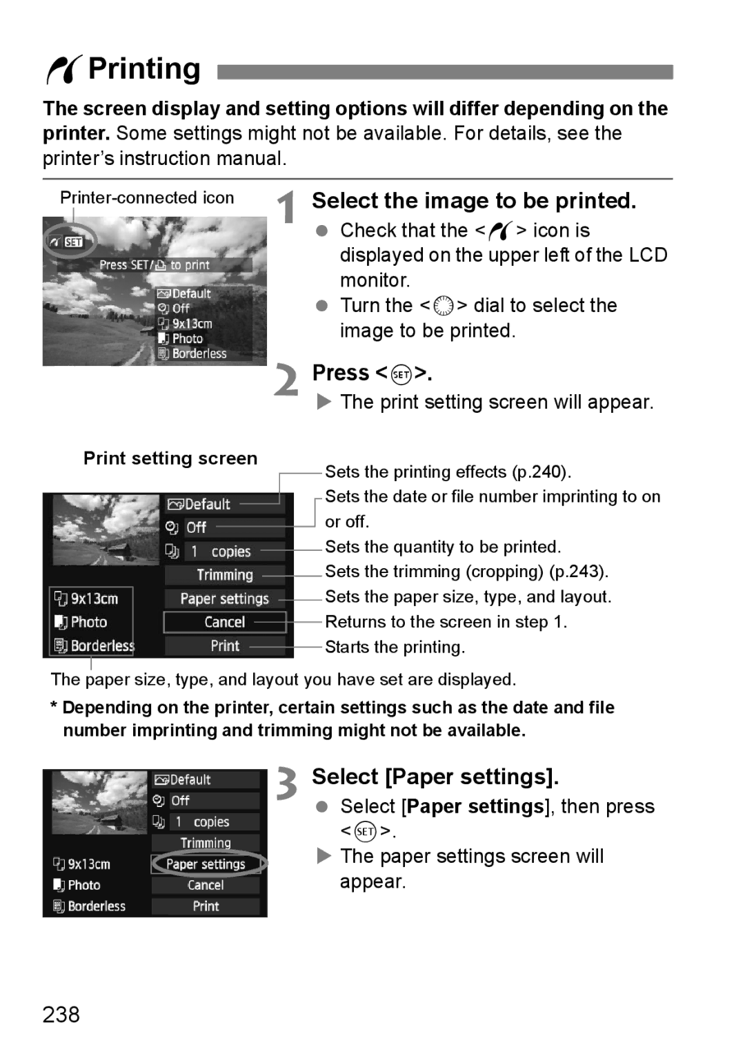 Canon 60D instruction manual WPrinting, Select the image to be printed, Select Paper settings, 238 