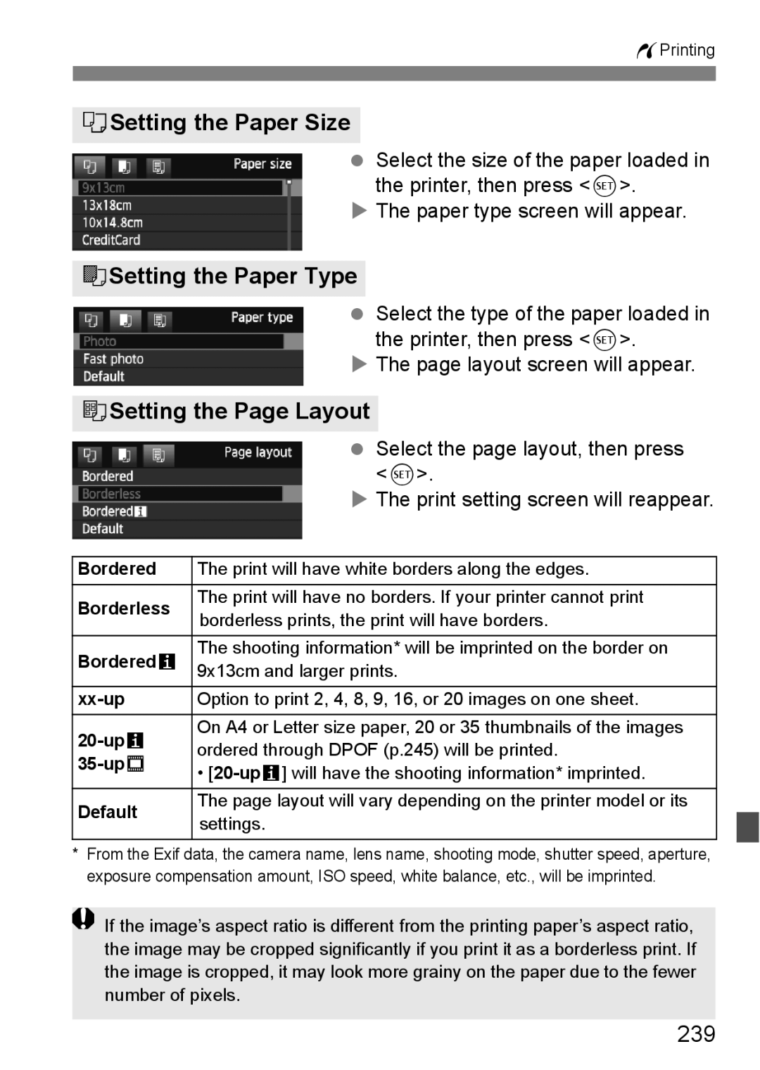 Canon 60D instruction manual QSetting the Paper Size, YSetting the Paper Type, USetting the Page Layout, 239 