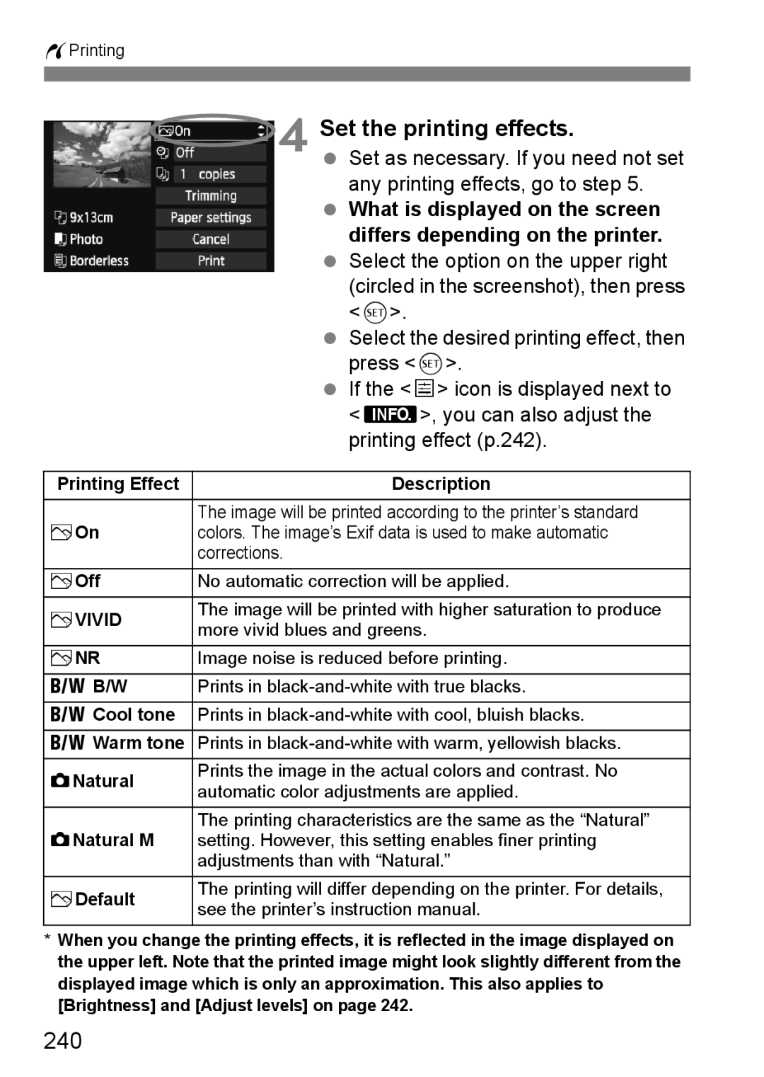 Canon 60D instruction manual Set the printing effects, 240, What is displayed on the screen 