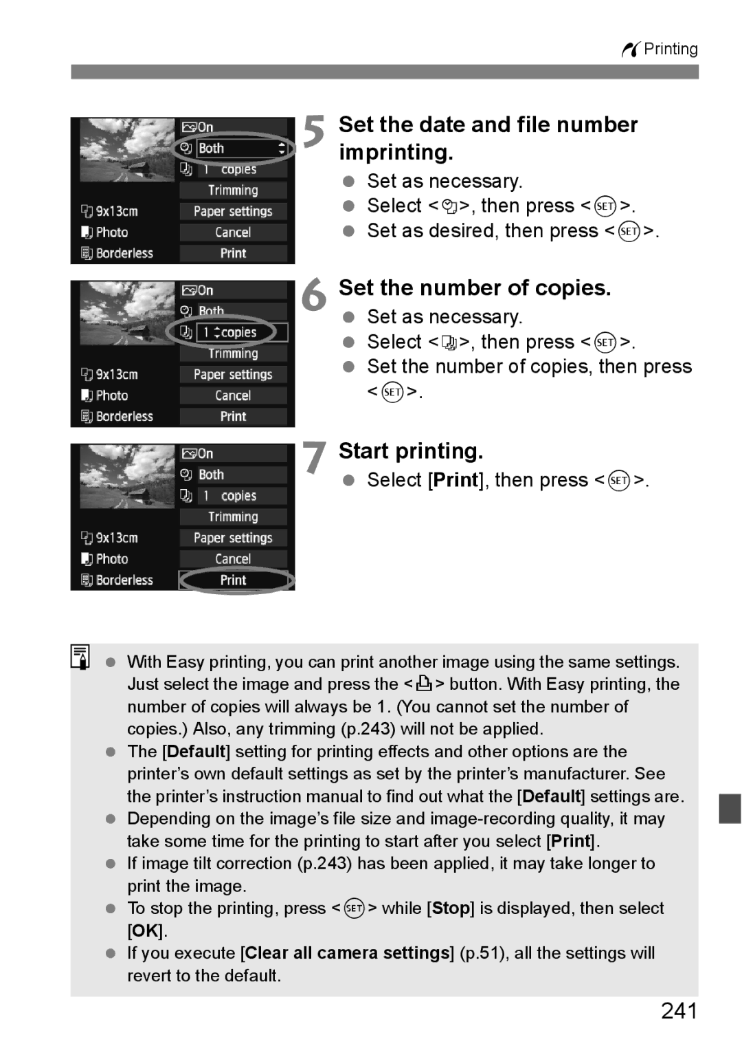 Canon 60D instruction manual Set the date and file number imprinting, Start printing, 241, Select Print, then press 