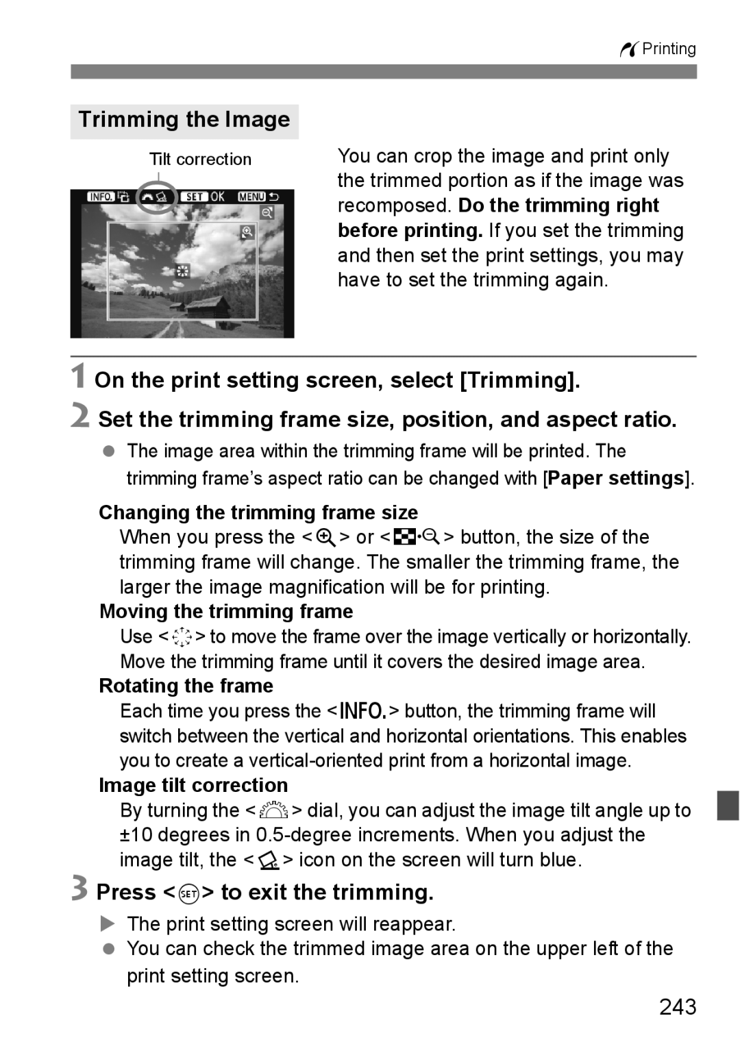 Canon 60D instruction manual Trimming the Image, Press 0 to exit the trimming, 243 