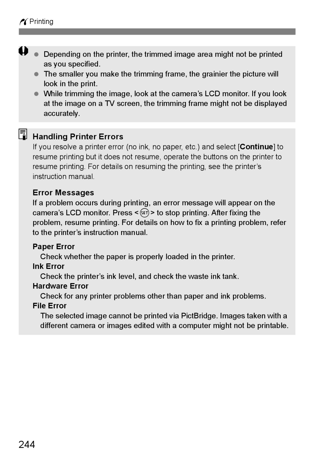 Canon 60D instruction manual 244, Handling Printer Errors Error Messages 