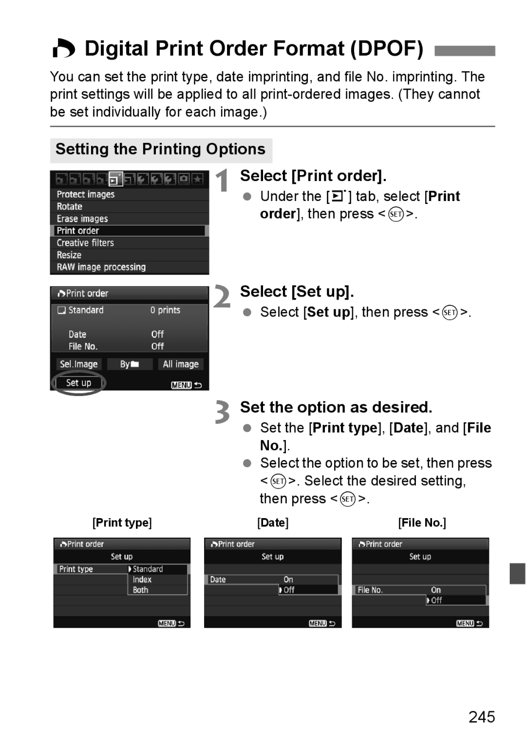 Canon 60D Digital Print Order Format Dpof, Setting the Printing Options Select Print order, Select Set up, 245 