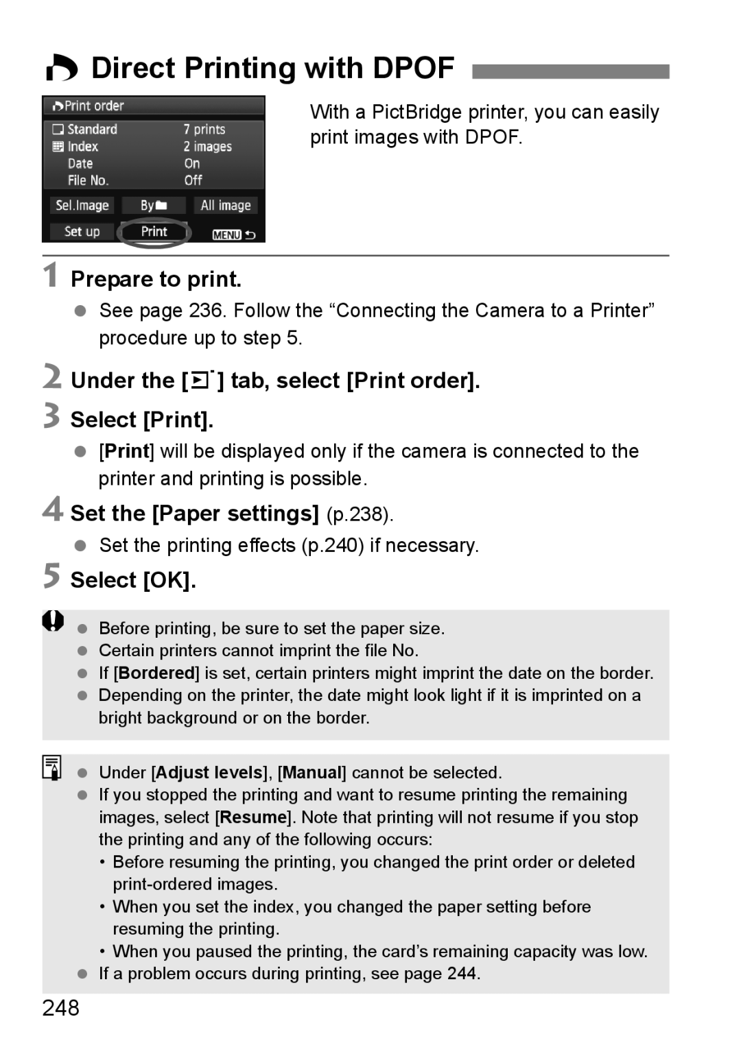 Canon 60D Direct Printing with Dpof, Prepare to print, Under the 3 tab, select Print order. Select Print, 248 