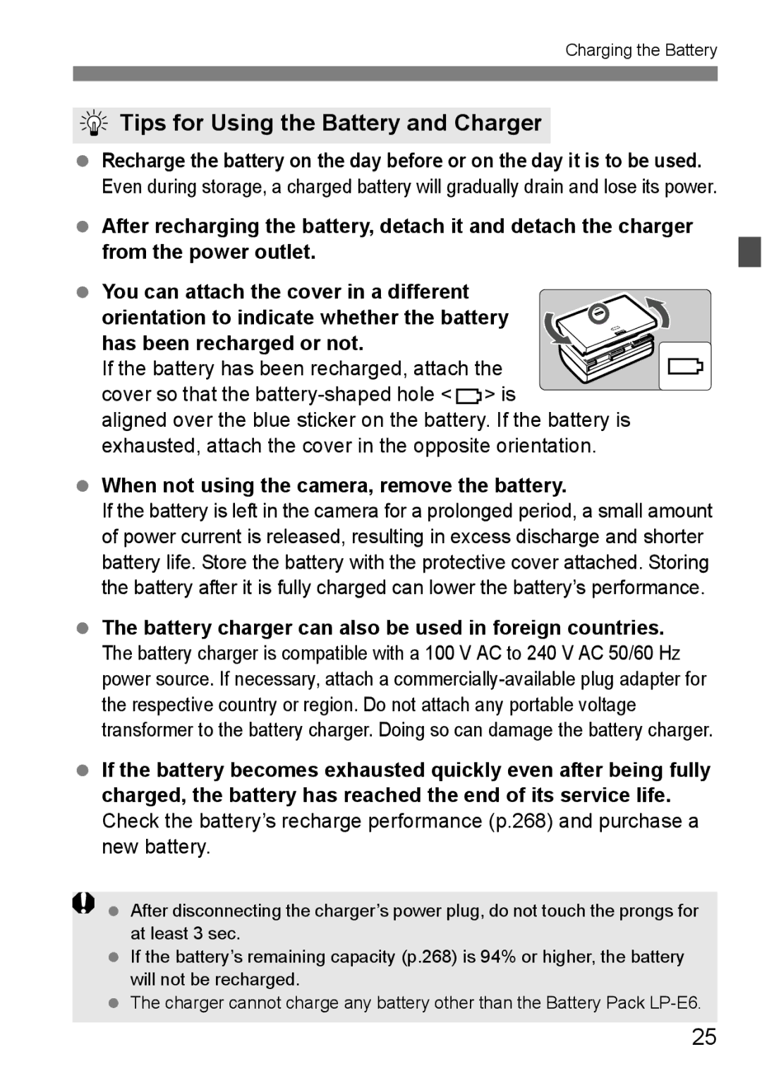 Canon 60D instruction manual Tips for Using the Battery and Charger, When not using the camera, remove the battery 