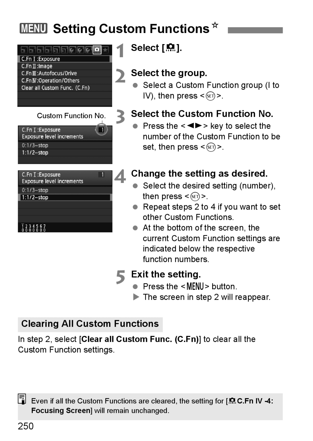 Canon 60D instruction manual 3Setting Custom FunctionsN, Select Select the group, Select the Custom Function No, 250 