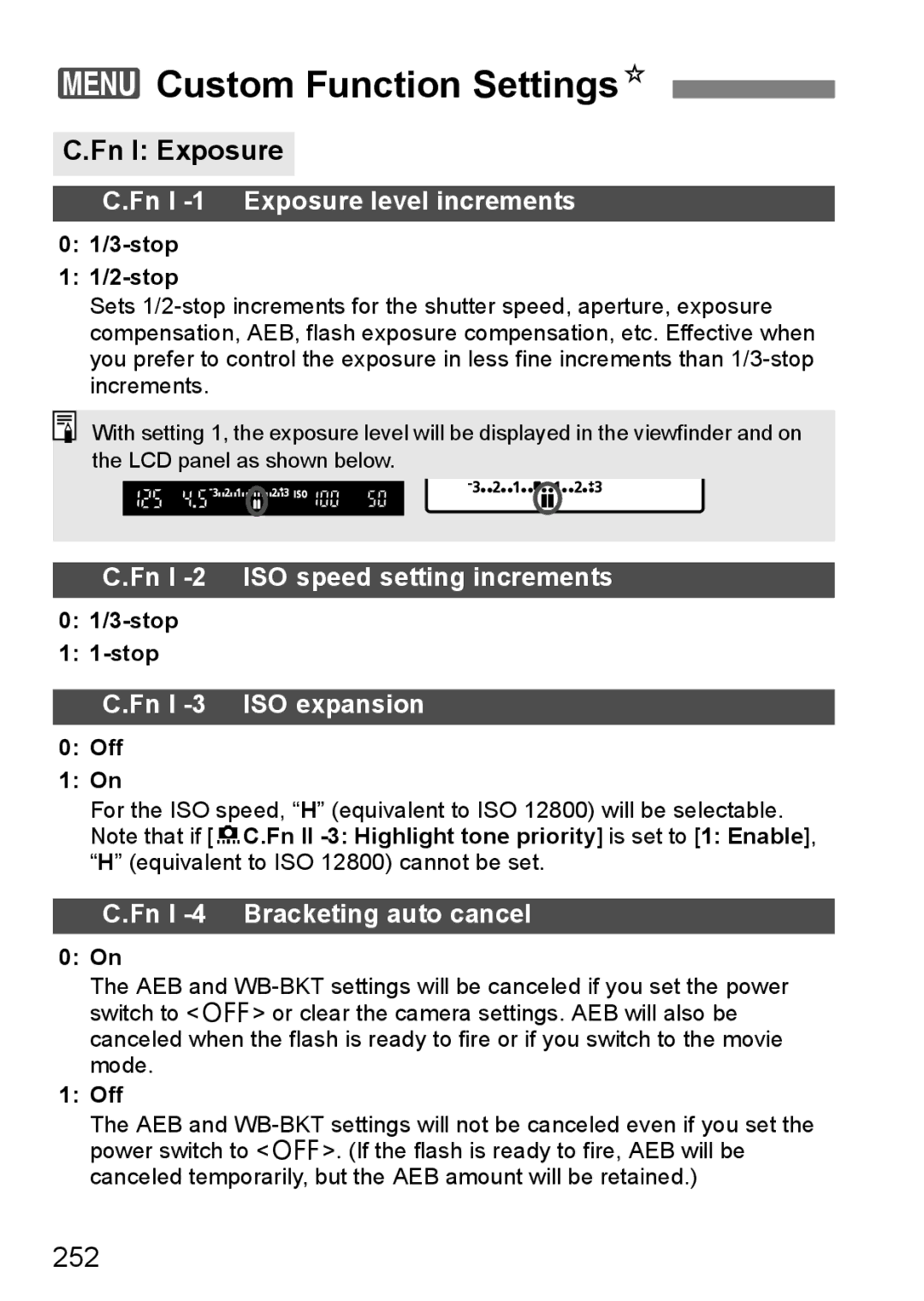 Canon 60D instruction manual 3Custom Function SettingsN, Fn I Exposure, 252 