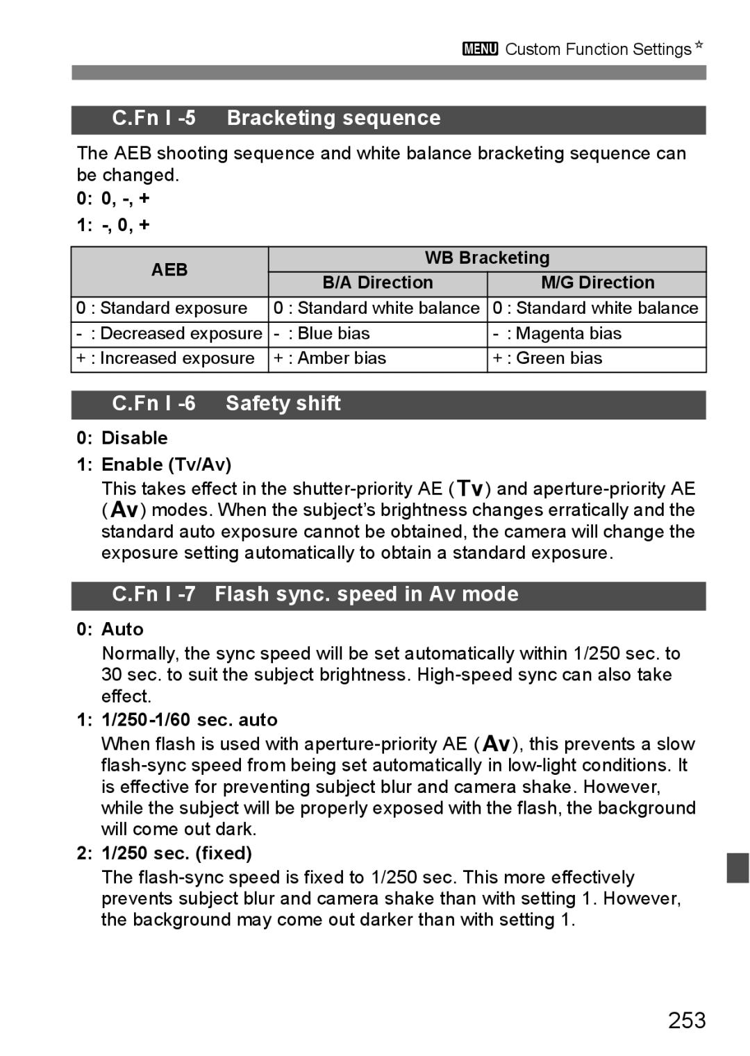 Canon 60D instruction manual 253, Disable Enable Tv/Av, Auto, 250-1/60 sec. auto, 250 sec. fixed 