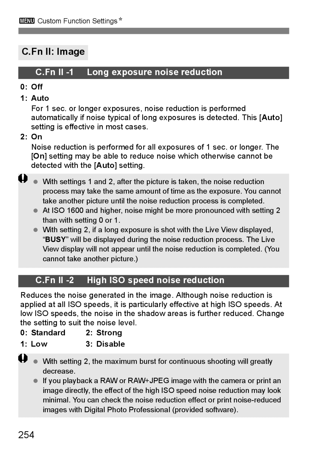 Canon 60D instruction manual Fn II Image, 254, Off Auto, Standard Strong Low 