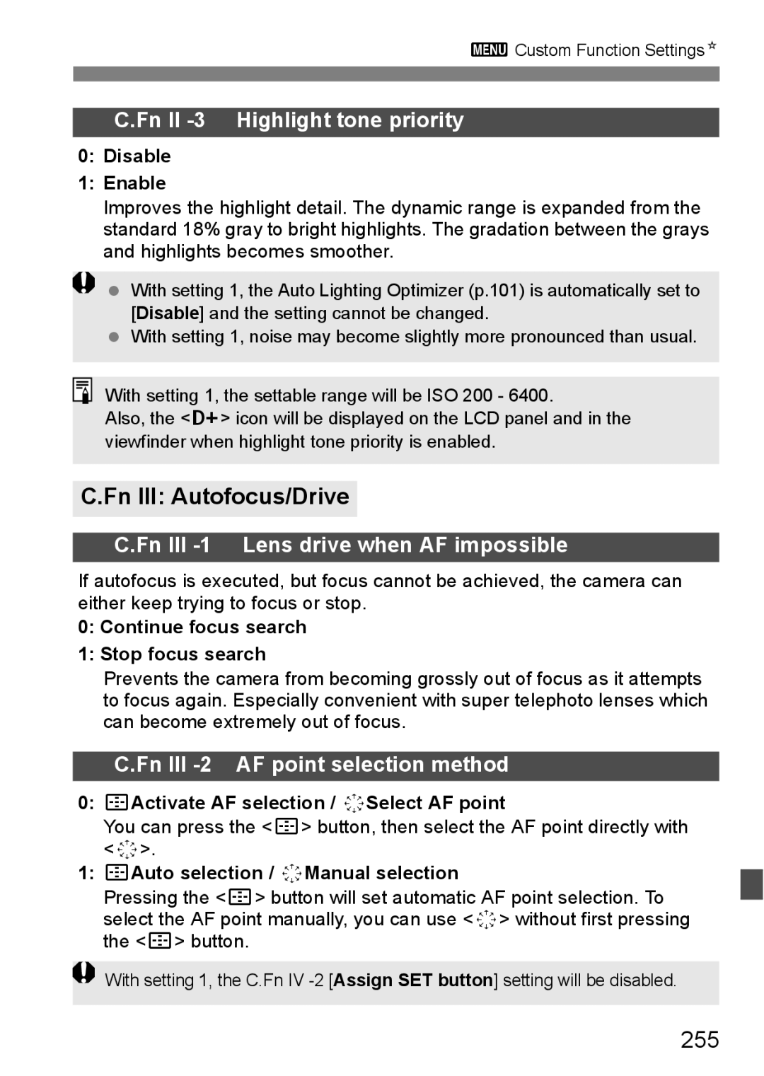 Canon 60D instruction manual Fn III Autofocus/Drive, 255 