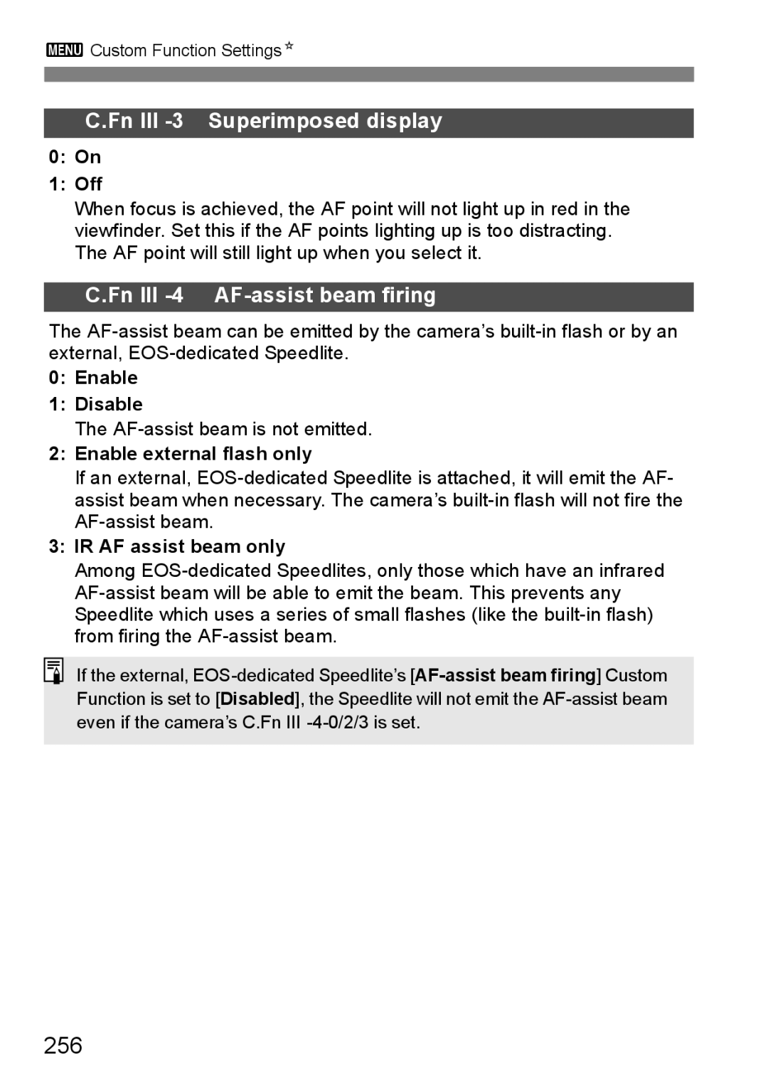 Canon 60D instruction manual 256, Enable Disable, Enable external flash only, IR AF assist beam only 