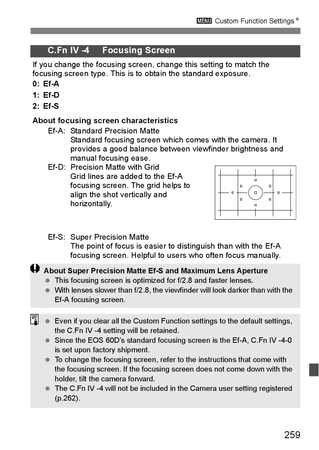 Canon 60D instruction manual 259, Ef-A Ef-D Ef-S About focusing screen characteristics 