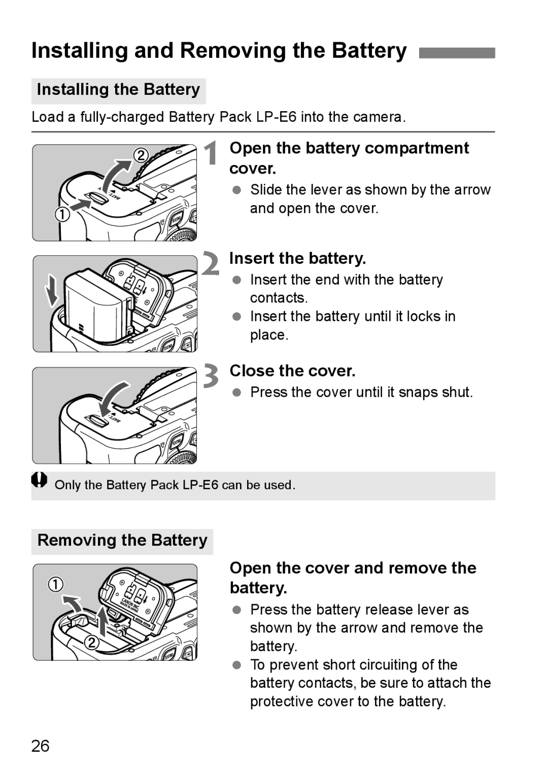 Canon 60D instruction manual Installing and Removing the Battery 