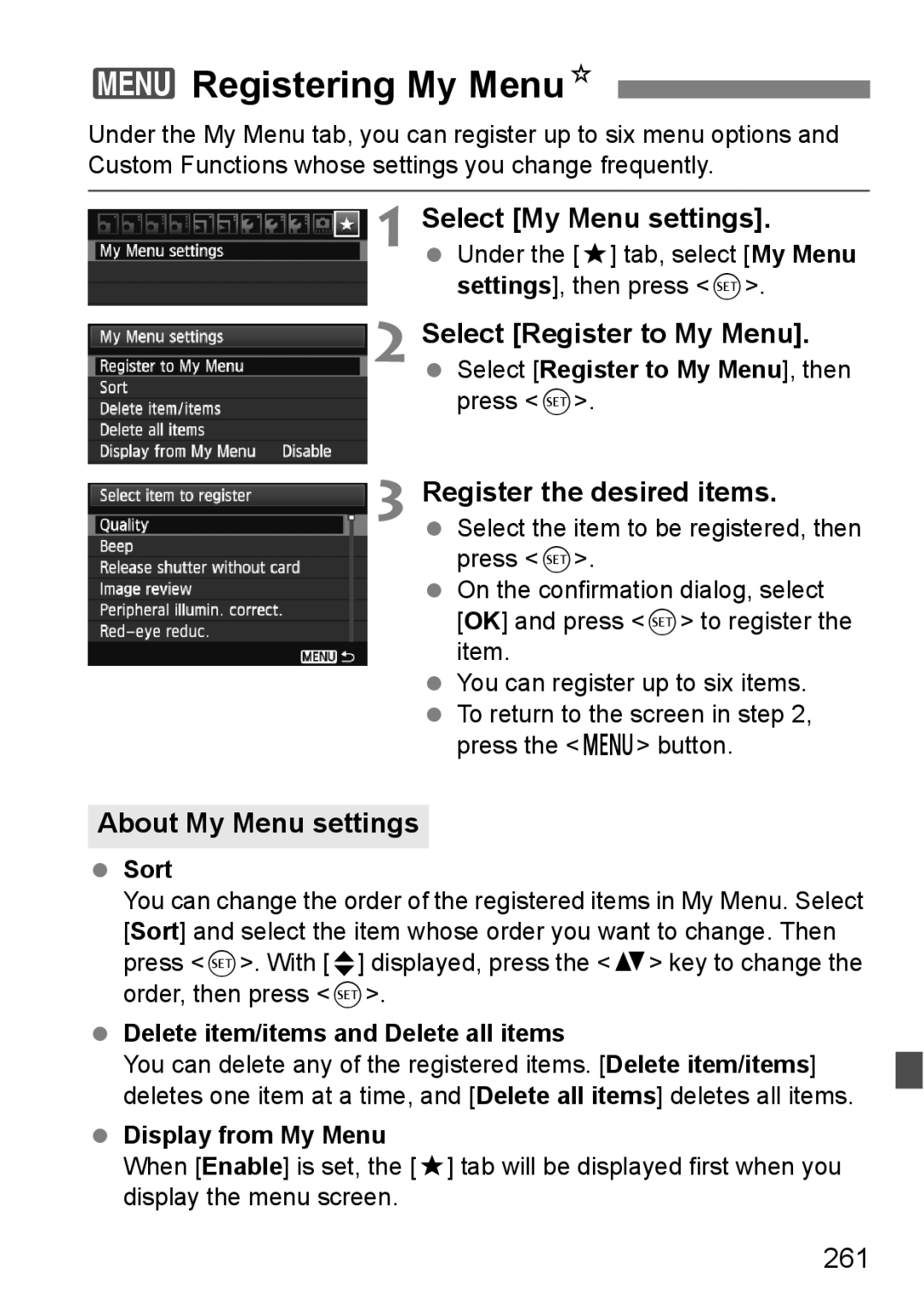 Canon 60D 3Registering My MenuN, Select My Menu settings, Select Register to My Menu, Register the desired items 