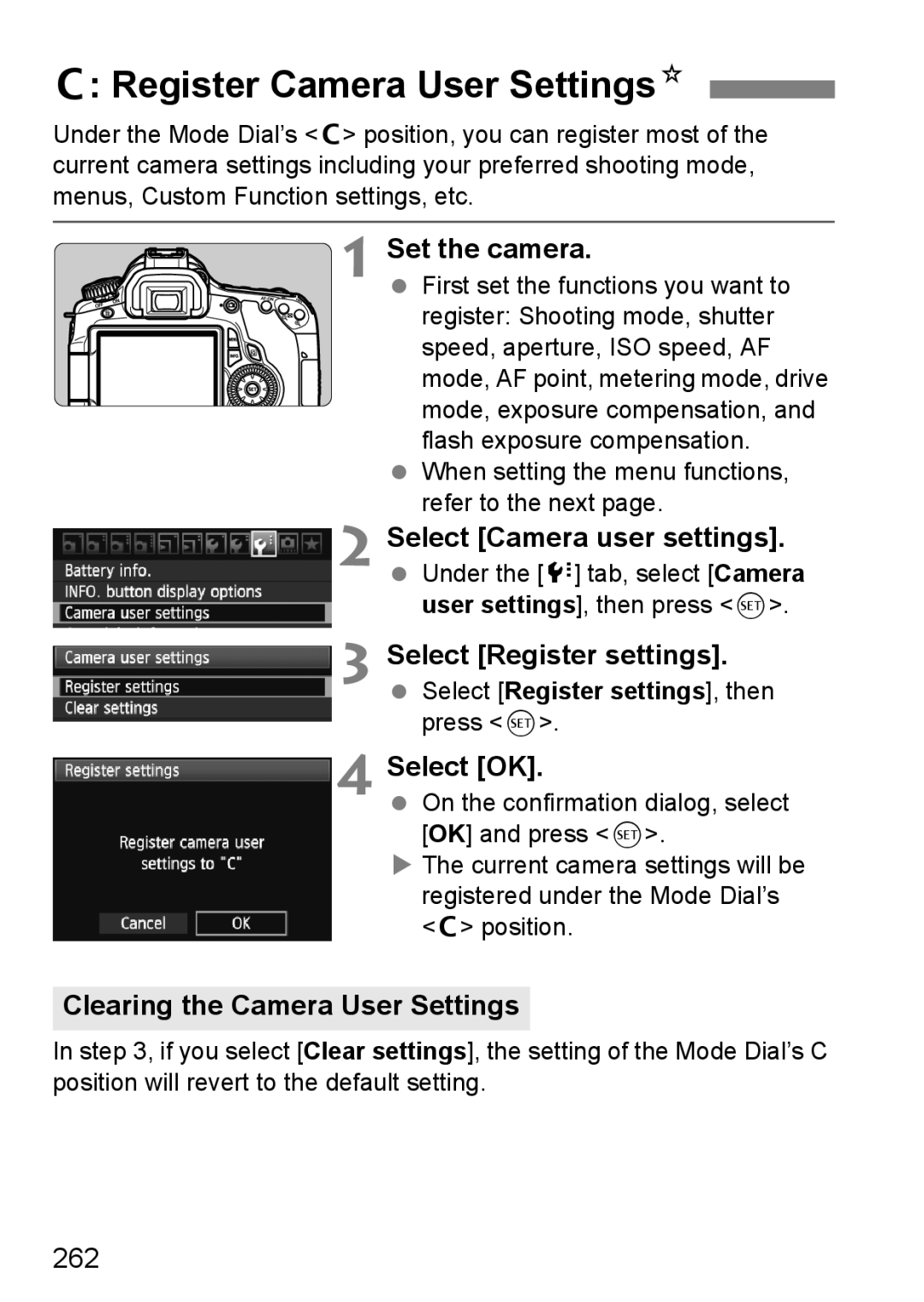 Canon 60D Register Camera User SettingsN, Set the camera, Select Camera user settings, Select Register settings 