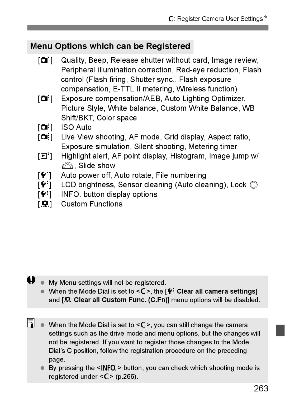 Canon 60D instruction manual Menu Options which can be Registered, 263 