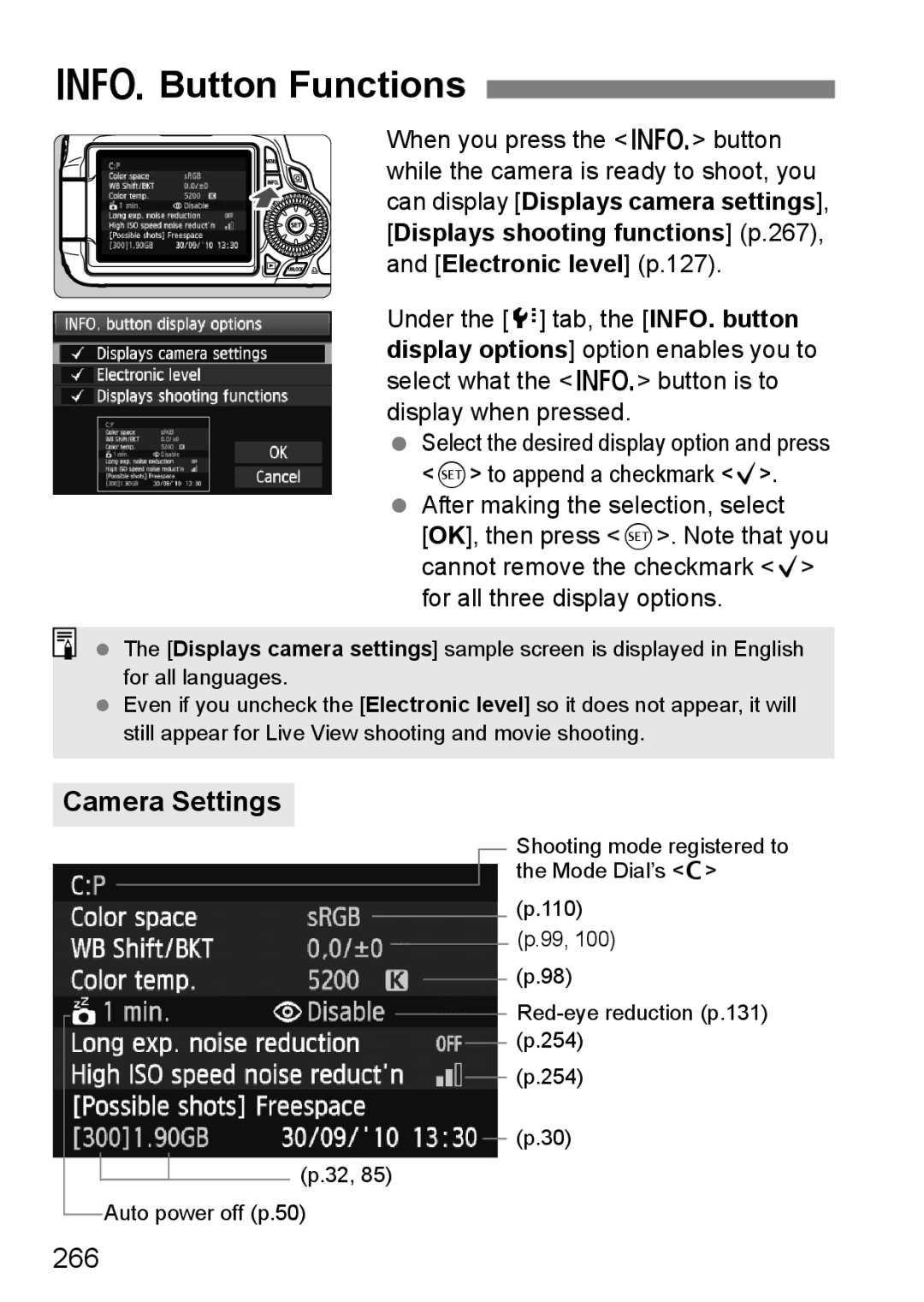 Canon 60D instruction manual BButton Functions, Camera Settings, 266 