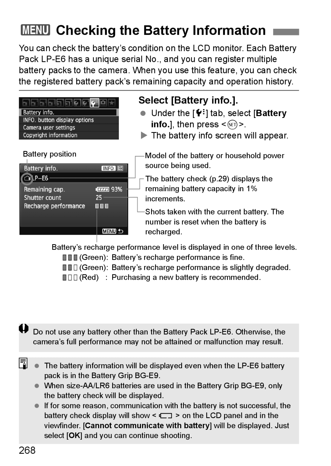 Canon 60D instruction manual 3Checking the Battery Information, Select Battery info, 268 