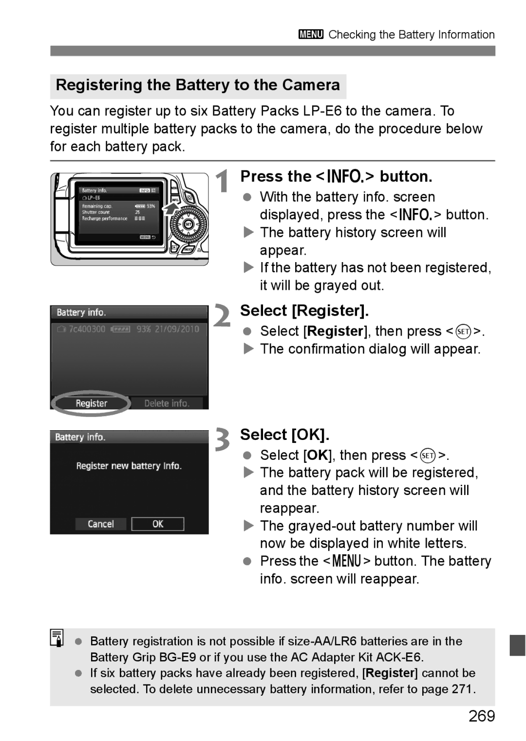 Canon 60D instruction manual Registering the Battery to the Camera, Select Register, 269 