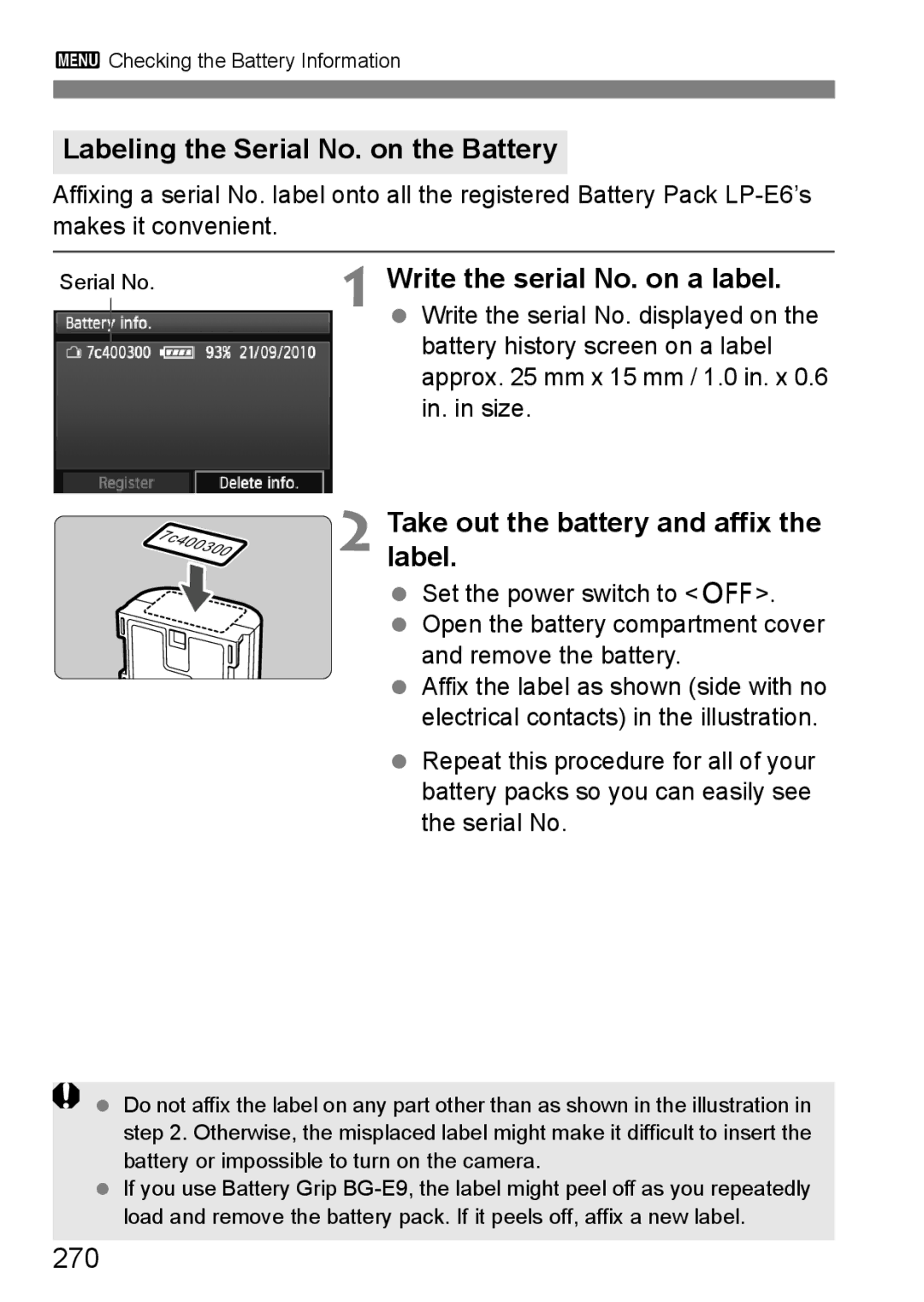 Canon 60D instruction manual Labeling the Serial No. on the Battery, Write the serial No. on a label, 270 