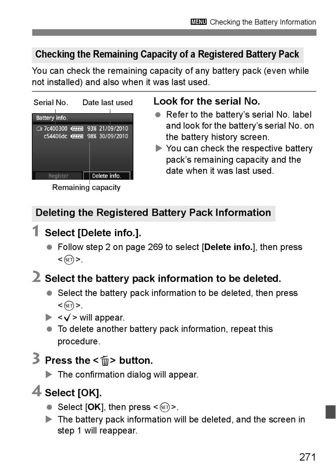 Canon 60D instruction manual Look for the serial No, Select the battery pack information to be deleted, 271 