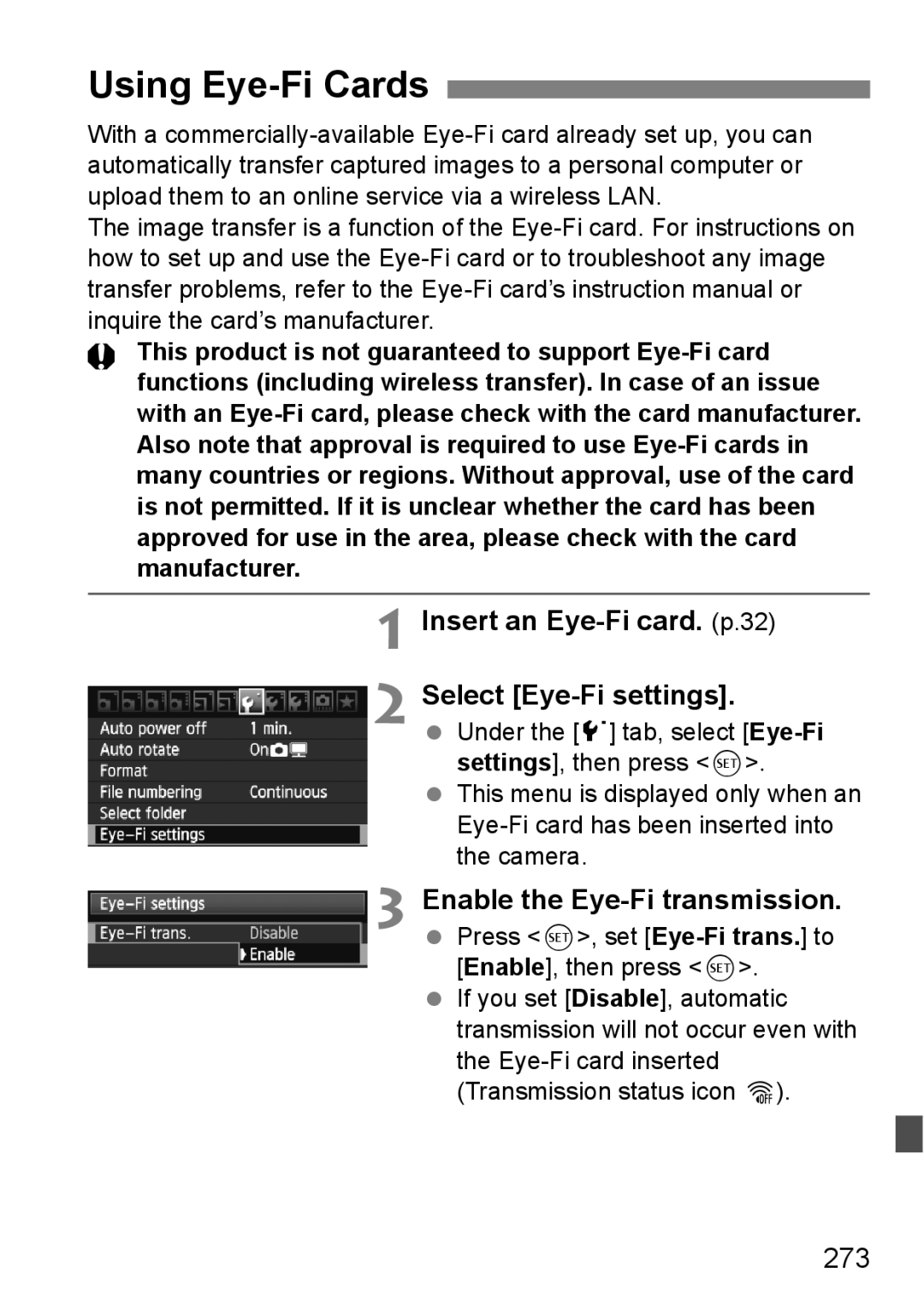 Canon 60D instruction manual Using Eye-Fi Cards, Insert an Eye-Fi card. p.32 Select Eye-Fi settings, 273 