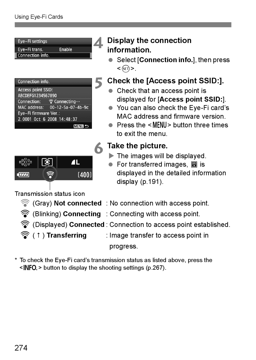 Canon 60D instruction manual Display the connection information, 274 